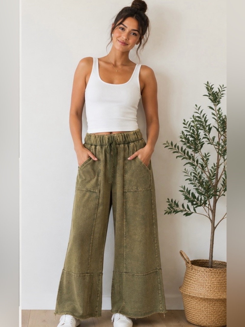 Zenana Outfitters French Terry Olive Wash Flare Drawstring Pants NWOT